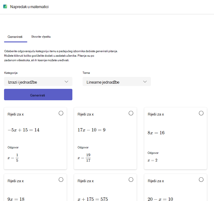 Snimka zaslona s prikazom matematičkog napretka.