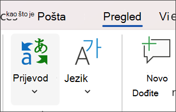 Snimka zaslona u programu Microsoft Word na kojoj se odabire Pregledaj pa Prevedi