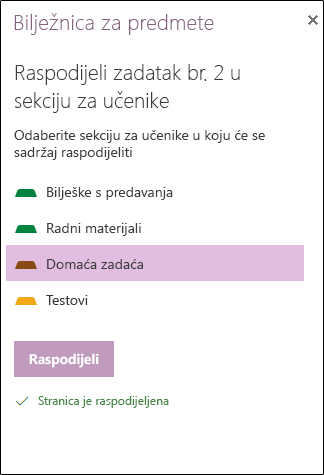 Primjer raspodijeljenog zadatka u programu OneNote za web