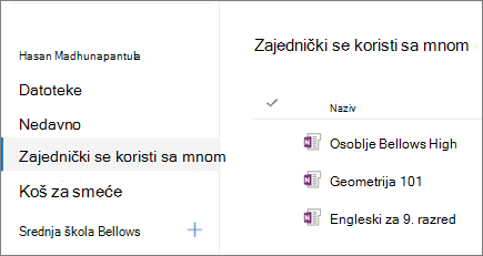 Snimka zaslona s nazivima bilježnica.