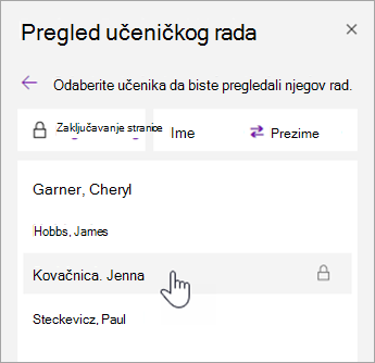 Snimka zaslona sortiranja imena.