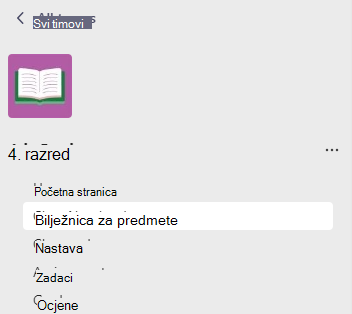 Snimka zaslona s karticom Bilježnica za predmet.
