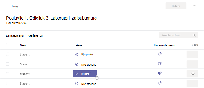 Pokazivač je iznad gumba Omogućeno unutar odabranog zadatka u aplikaciji Microsoft Teams.