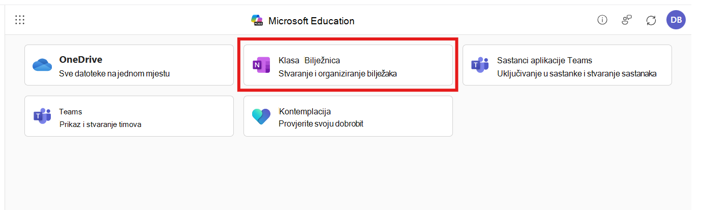 Snimka zaslona aplikacije Microsoft 365 LTI s odabranom Bilježnicom za predmete