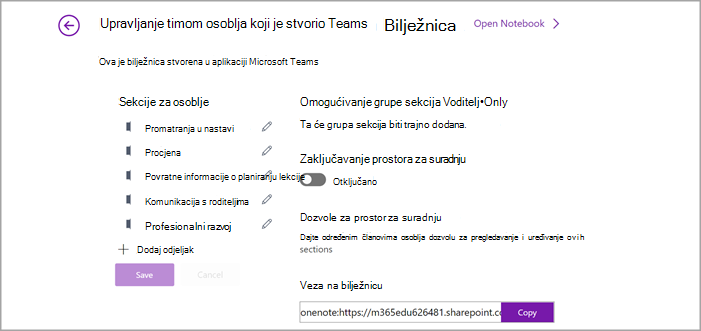 Snimka zaslona koja prikazuje stranicu za upravljanje postavkama bilježnice za nastavničko osoblje u programu OneNote.