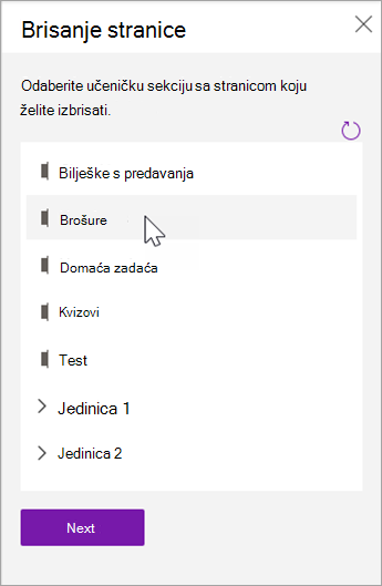 Odaberite učeničku sekciju sa stranicom koju želite izbrisati.