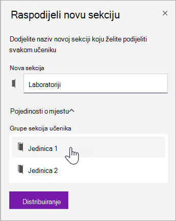 Odaberite mjesto grupe sekcija.