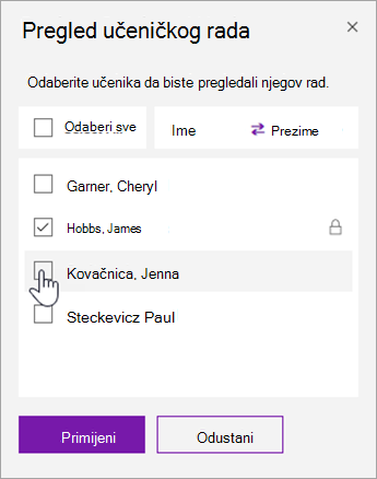 Potvrdite okvir da biste zaključali stranicu jednog učenika.