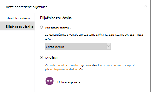 Stvorite veze samo za čitanje za pojedinačne bilježnice učenika.