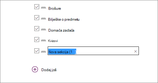 pregledajte sekcije bilježnice u čarobnjaku za bilježnice za predmete, uključujući brošure,