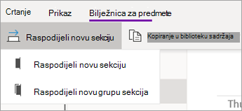 Gumb Distribuiraj novu sekciju s padajućim izbornikom mogućnosti.