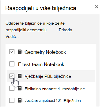 Prozor za odabir raspodjele u više bilježnica