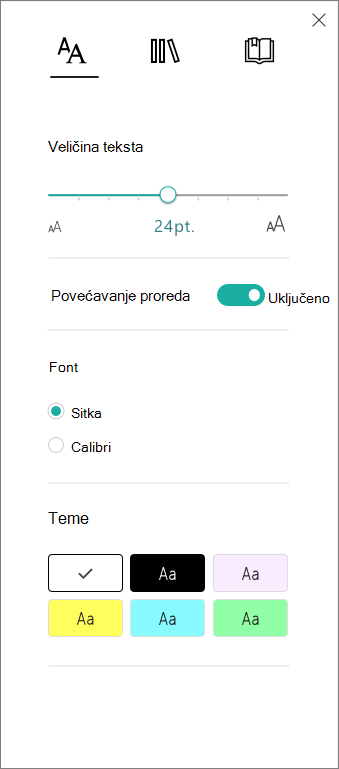Izbornik Mogućnosti teksta u Fokusirani čitač p