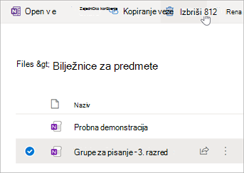 Odaberite bilježnicu za predmet koju želite izbrisati, a zatim odaberite Izbriši.