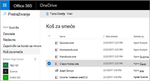 Koš za smeće servisa OneDrive s popisom stranica bilježnice.