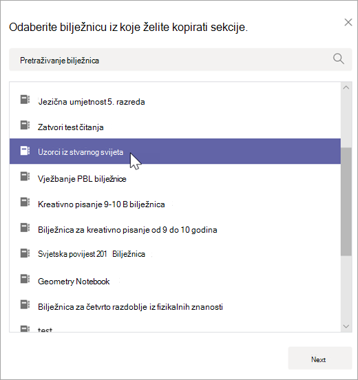 Odaberite bilježnicu iz koje želite kopirati sekcije.