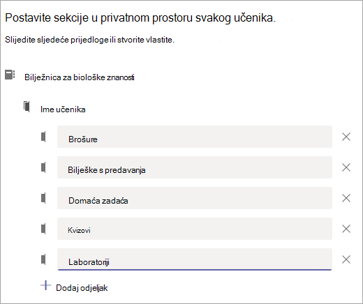 Postavite sekcije u privatnom prostoru svakog učenika.