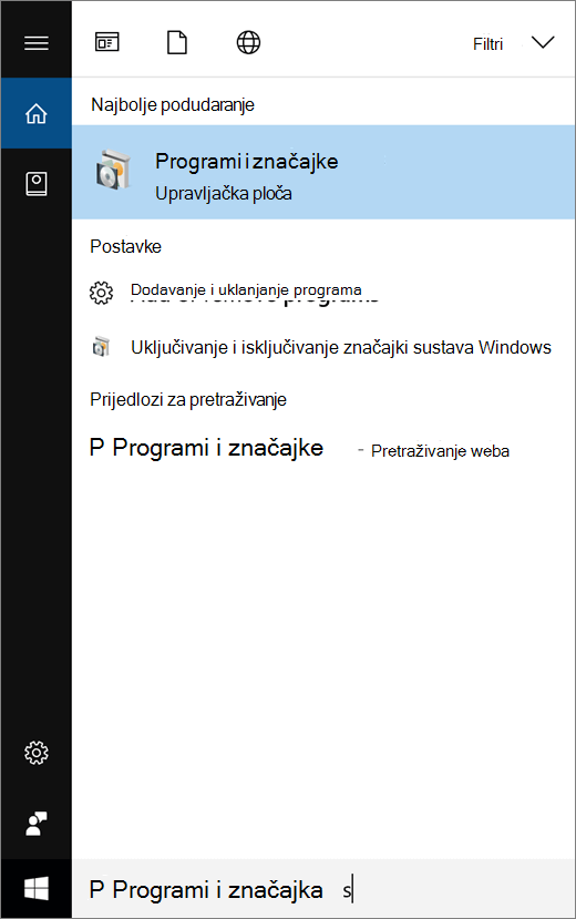 Otvorite izbornik Start i upišite Program i značajke