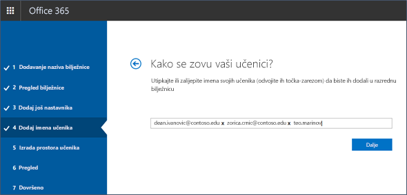 Snimka zaslona s prikazom načina dodavanja imena učenika ili studenata u alat za stvaranje bilježnica.