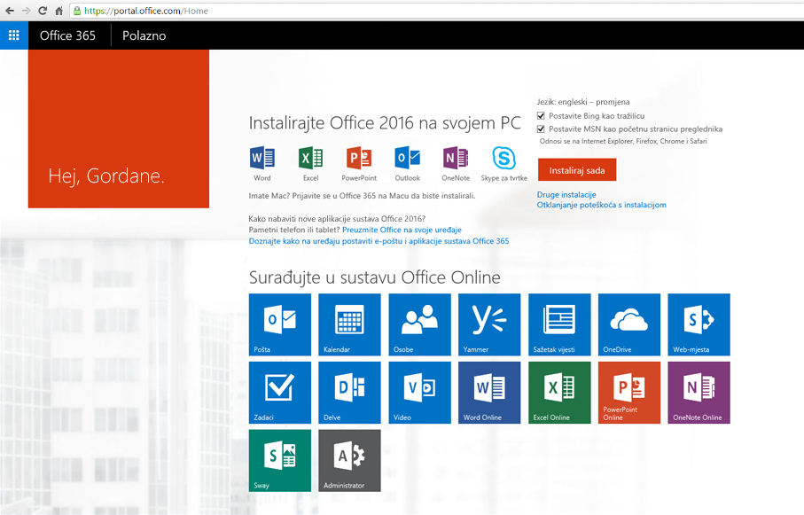 Snimka zaslona s uputama za instalaciju sustava Office 365 na PC-ju.