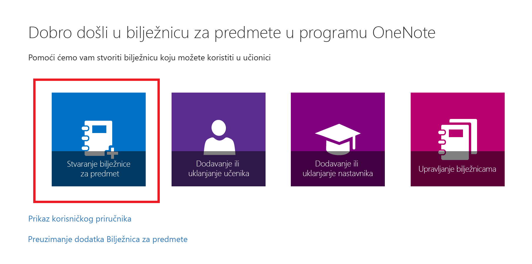 Snimka zaslona sa stranicom dobrodošlice u aplikaciji Bilježnica za predmete.