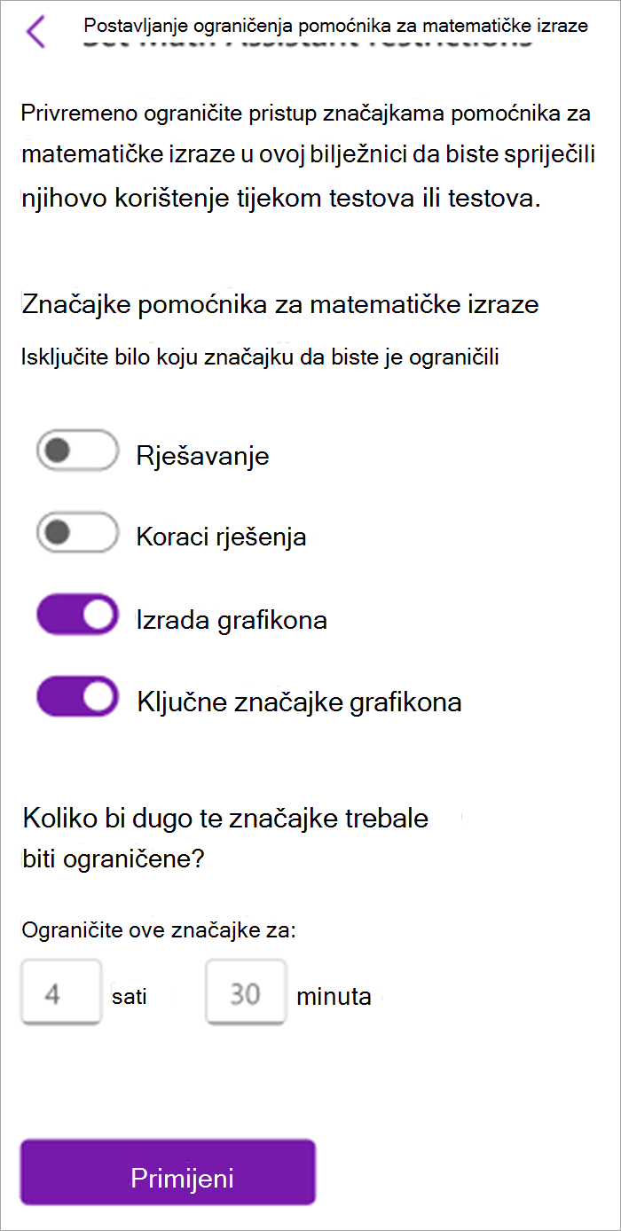Snimka zaslona s prikazom ploče Pomoćnik za matematičke djelatnike za nastavnike u Bilježnici za predmet. Tu možete uključiti i isključiti alate u pomoćniku za matematičke izraze, uključujući značajke rješavanja, korake rješenja, izradu grafikona i ključne značajke grafikona.