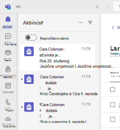 Snimka zaslona aktivnosti.