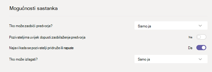 Mogućnosti sastanka u aplikaciji Teams.