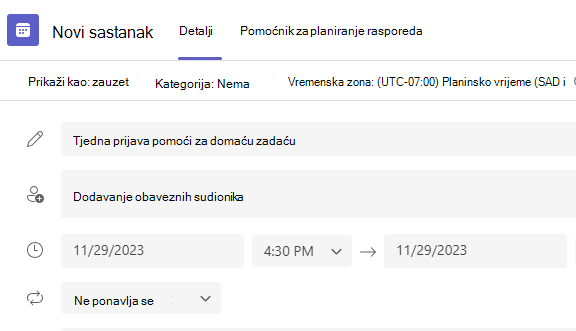 Snimka zaslona novog sastanka.
