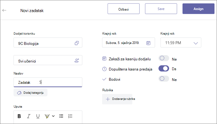 Unesite pojedinosti zadatka pa kliknite gumb Dodijeli.