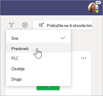 Filtriranje vrsta timova.