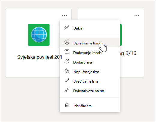 Uređivanje izbornika i postavki za tim.