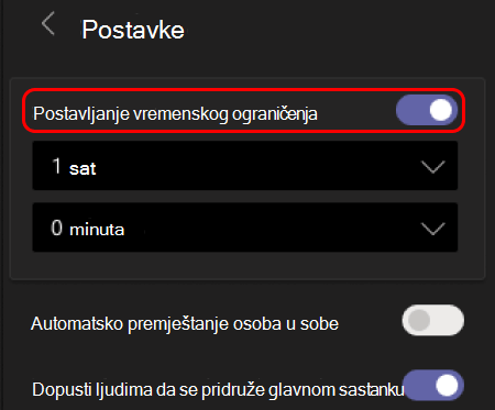 Slika pokazuje kako postaviti vremensko ograničenje za sobe za pojedinačne sastanke.