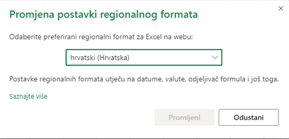 Dijaloški okvir Promjena postavki regionalnog oblika