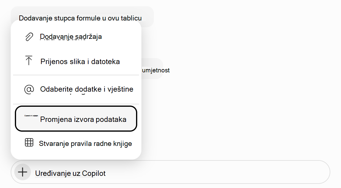 Snimka zaslona s poljem upita za Copilot u programu Excel s istaknutom stavkom 