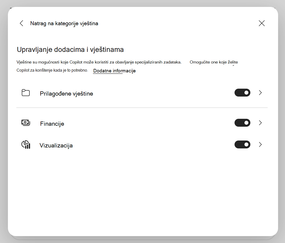 Snimka zaslona dijaloškog okvira za upravljanje dodacima & vještinama značajke Copilot u programu Excel.
