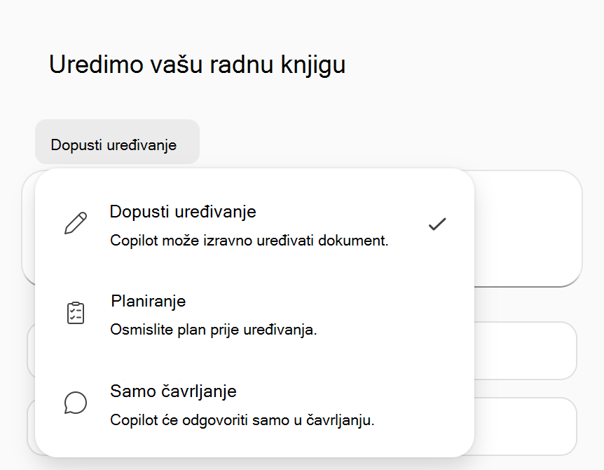 Snimka zaslona izbornika mogućnosti rješenja Copilot u načinu rada programa Excel.