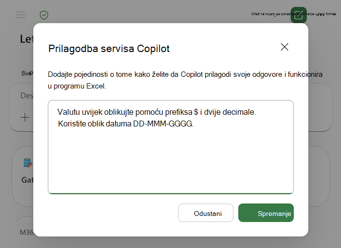 Snimka zaslona dijaloškog okvira za personalizaciju značajke Copilot u programu Excel, uključujući primjere u području teksta.