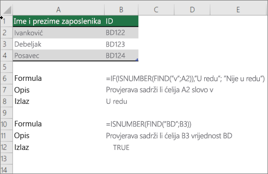 Primjer korištenja funkcija IF, ISNUMBER i FIND radi provjere podudara li se dio ćelije s određenim tekstom