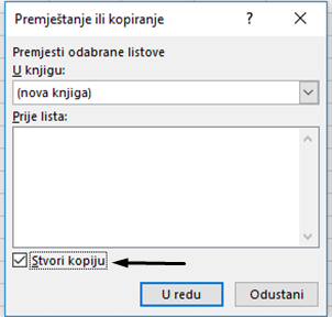 Potvrdni okvir Stvori kopiju nalazi se pri dnu dijaloškog okvira.