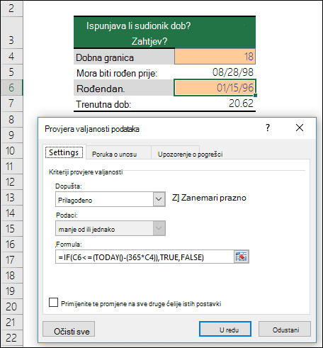Primjer provjere valjanosti podataka radi ograničavanja unosa na minimalnu dob