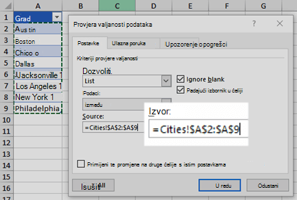 Mogućnosti popisa za provjeru valjanosti podataka