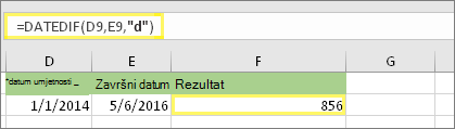 =DATEDIF(D9;E9;d) s rezultatom 856