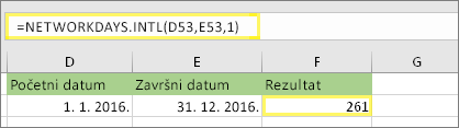 =NETWORKDAYS. INTL(D53;E53;1) i rezultat: 261