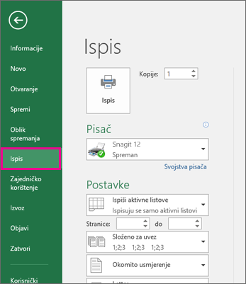 Kliknite Ispis datoteke > da biste pretpregledali radni list