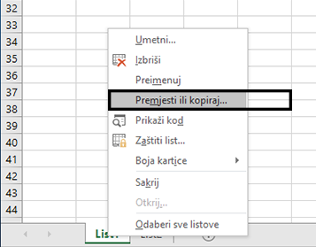 Izbornik za karticu koji se otvara desnim klikom miša