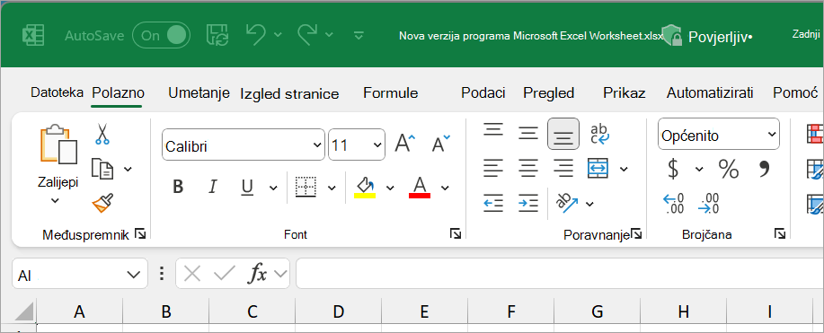 Nova datoteka programa Excel