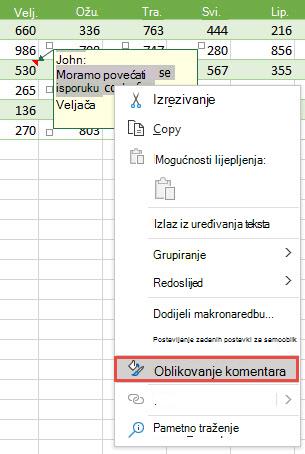 Oblikujte komentar tako da odaberete tekst koji želite oblikovati, a zatim ga kliknite desnom tipkom miša i odaberete Oblikuj komentar.