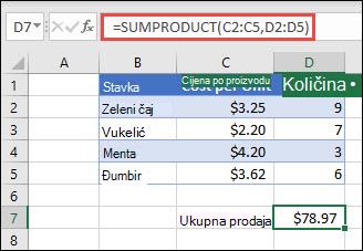 Primjer funkcije SUMPRODUCT koja se koristi da bi vratila zbroj prodanih artikala kada su navedeni jedinični trošak i količina.