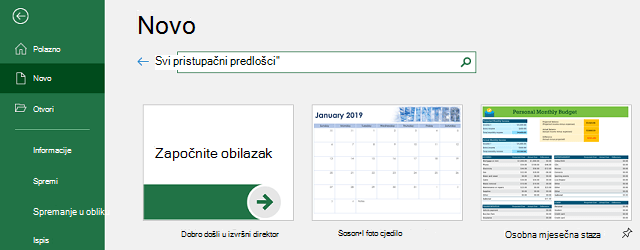 Nova kartica izbornika Datoteka s poljem za pretraživanje Pretraživanje mrežnih predložaka u upotrebi